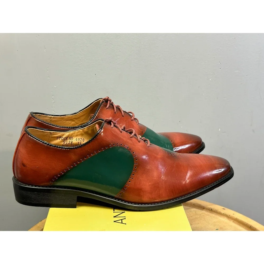 Antonio Cerrelli Dress Shoes Mens 11 Brown Green Oxford Two-Tone Brogue Lace‎